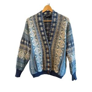 Bill Baber Vtg Scottish Pure Wool Geometric Cardigan Blue/Grey Sweater Sz Small